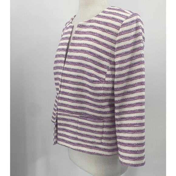 Talbots Striped Tweed Blazer Jacket Cotton Blend Collarless White Purple Pink 16 - Picture 4 of 8
